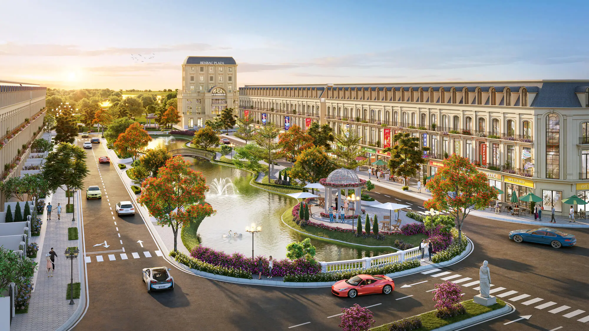 Phối cảnh shophouse Forestia Park Phố Nối kiến trúc tân cổ điển bên hồ cảnh quan và quảng trường trung tâm