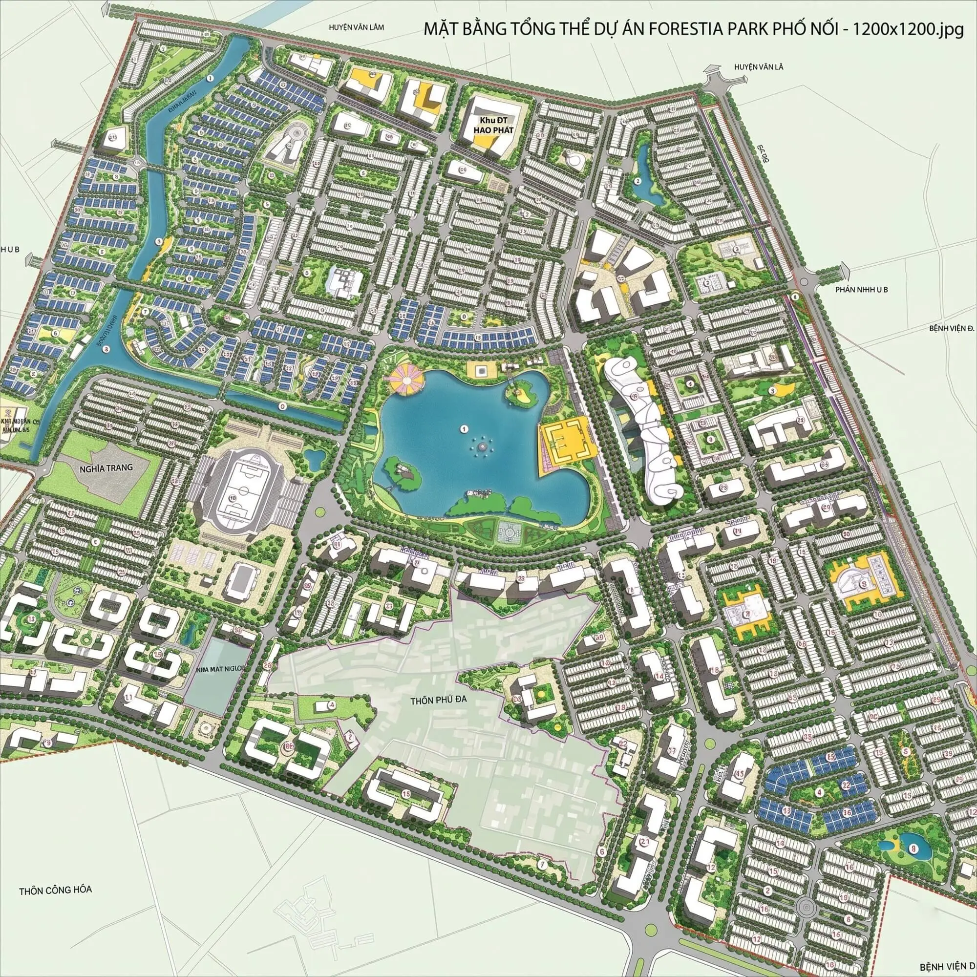 Mặt bằng tổng thể dự án Forestia Park Phố Nối với các phân khu thấp tầng, hồ điều hòa trung tâm, công viên và hệ thống tiện ích nội khu.