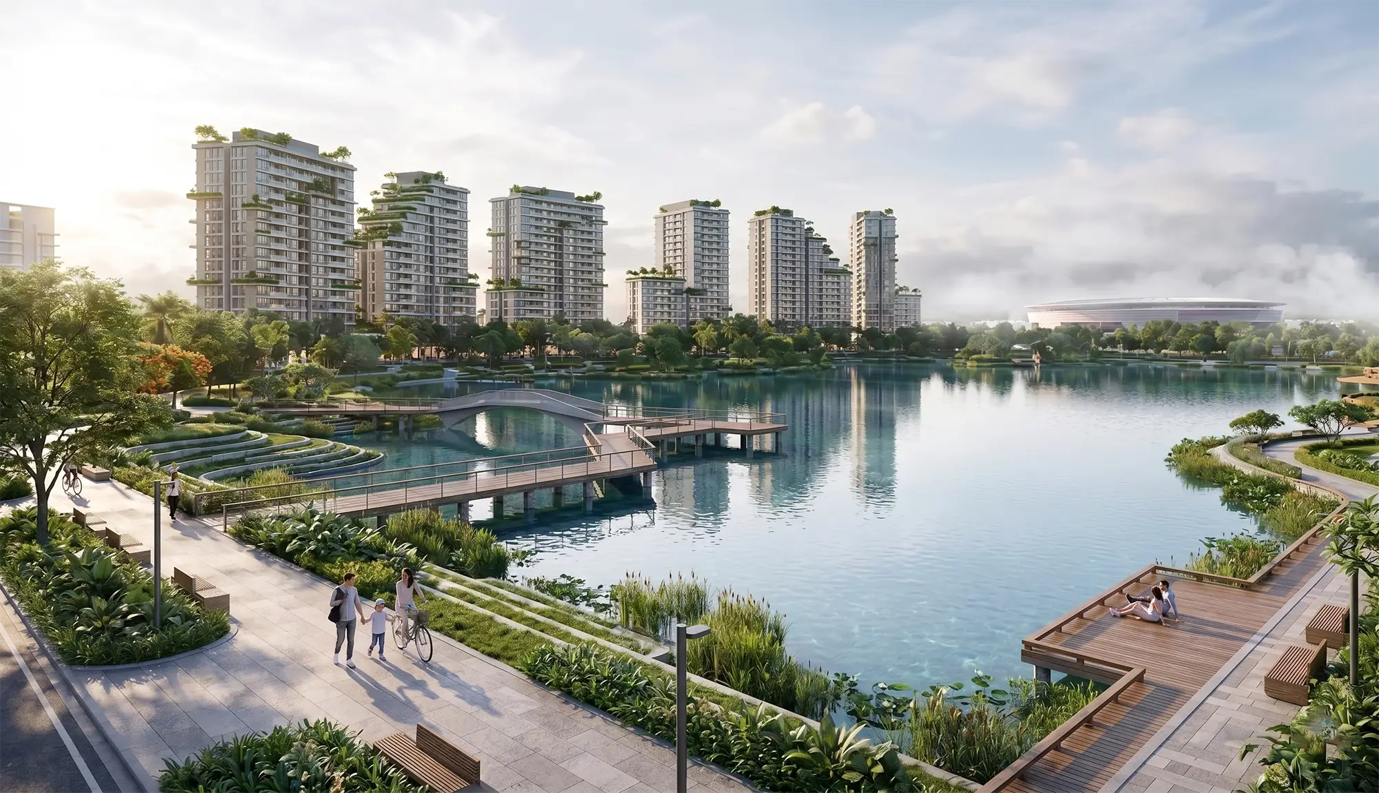  Hồ cảnh quan điều hòa trung tâm rộng lớn mang lại không khí trong lành và cảnh quan sinh thái thư thái cho cư dân Forestia Park.